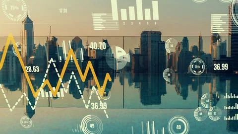 Business data analytic interface fly over smart city showing alteration future Stock Photos
