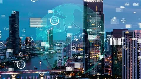 Business data analytic interface fly over smart city showing alteration future Stock Photos