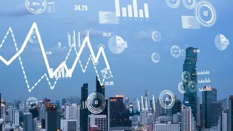 Business data analytic interface fly over smart city showing alteration future Stock Photos