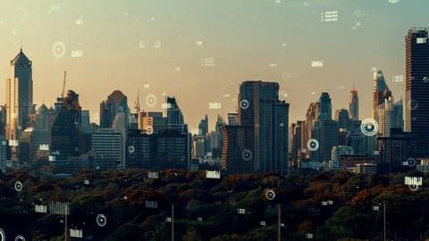 Business data analytic interface fly over smart city showing alteration future Stock Photos