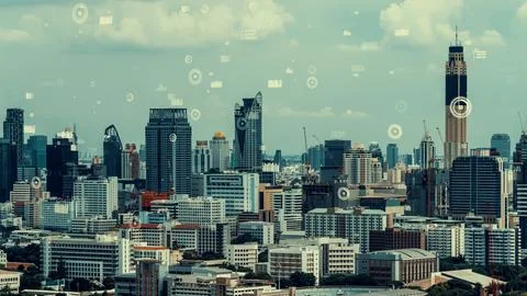Business data analytic interface fly over smart city showing alteration future Stock Photos