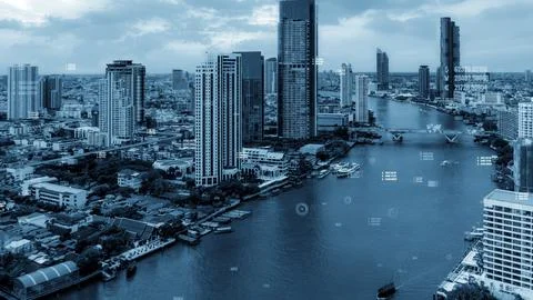 Business data analytic interface fly over smart city showing alteration future Stock Photos