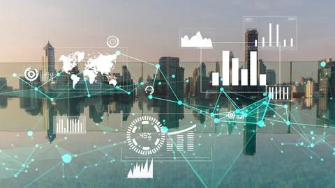 Business data analytic interface fly over smart city showing alteration future Stock Photos