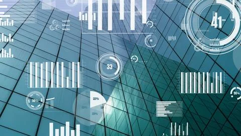 Business data analytic interface fly over smart city showing alteration future Stock Photos