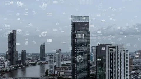 Business data analytic interface fly over smart city showing alteration future Stock Photos