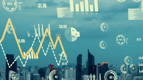 Business data analytic interface fly over smart city showing alteration future Stock Photos