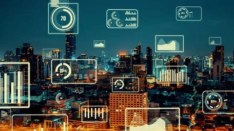 Business data analytic interface fly over smart city showing alteration future Stock Photos