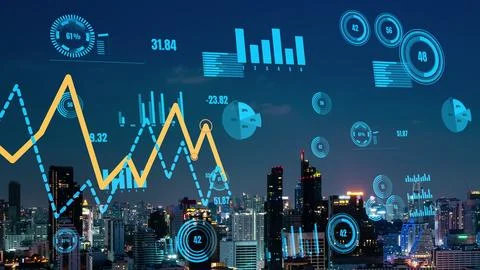 Business data analytic interface fly over smart city showing alteration future Stock Photos