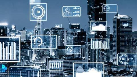 Business data analytic interface fly over smart city showing alteration future Stock Photos