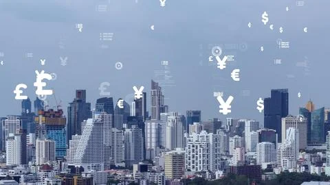 Business data analytic interface fly over smart city showing alteration future Stock Photos