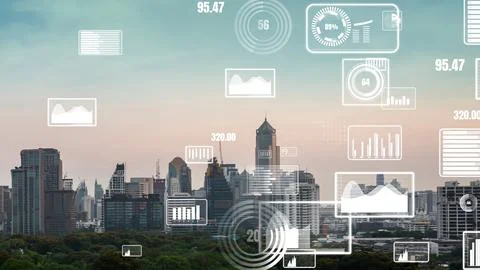 Business data analytic interface fly over smart city showing alteration future Stock Photos