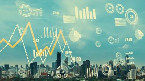 Business data analytic interface fly over smart city showing alteration future Stock Photos