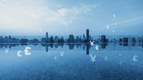 Business data analytic interface fly over smart city showing alteration future Stock Photos