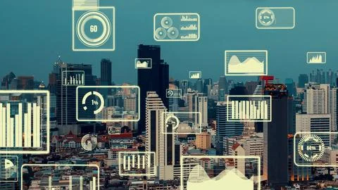 Business data analytic interface fly over smart city showing alteration future Stock Photos