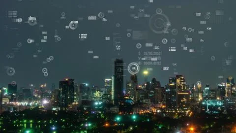 Business data analytic interface fly over smart city showing alteration future Foto stock