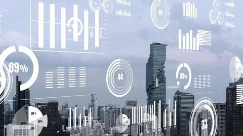 Business data analytic interface fly over smart city showing alteration future Stock Photos