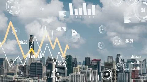 Business data analytic interface fly over smart city showing alteration future Stock Photos