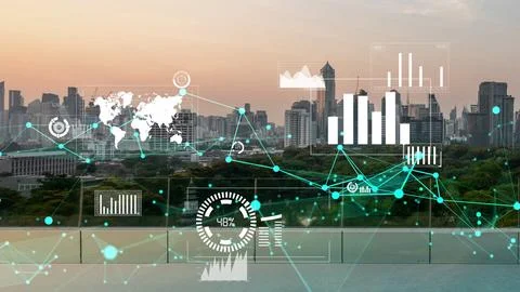 Business data analytic interface fly over smart city showing alteration future Stock Photos