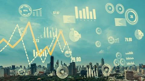 Business data analytic interface fly over smart city showing alteration future Stock Photos