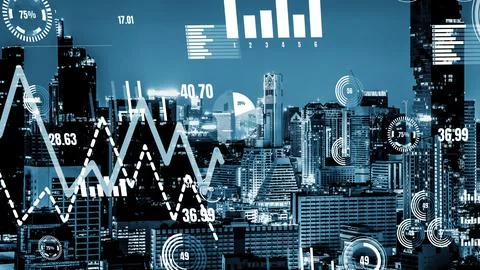 Business data analytic interface fly over smart city showing alteration future Stock Photos