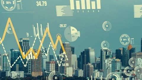 Business data analytic interface fly over smart city showing alteration future Stock Photos