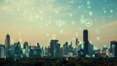 Business data analytic interface fly over smart city showing alteration future Stock Photos