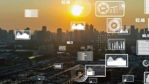Business data analytic interface fly over smart city showing alteration future Stock Photos