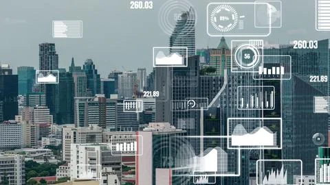 Business data analytic interface fly over smart city showing alteration future Stock Photos