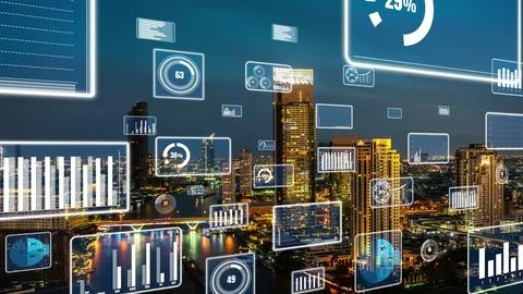 Business data analytic interface fly over smart city showing alteration future Stock Photos