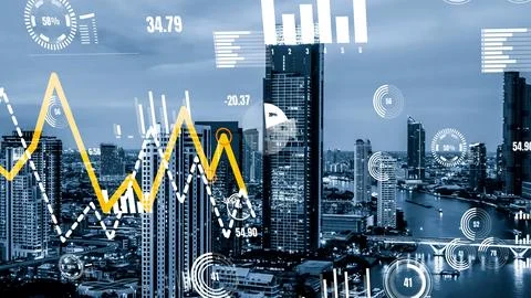 Business data analytic interface fly over smart city showing alteration future Stock Photos