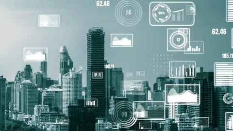 Business data analytic interface fly over smart city showing alteration future Stock Photos