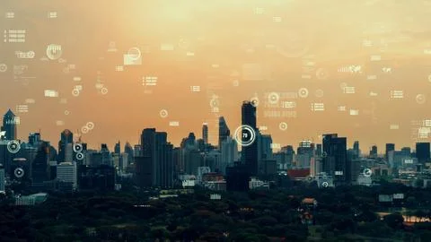 Business data analytic interface fly over smart city showing alteration future Foto stock