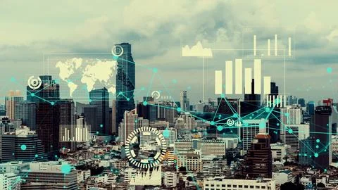 Business data analytic interface fly over smart city showing alteration future Stock Photos