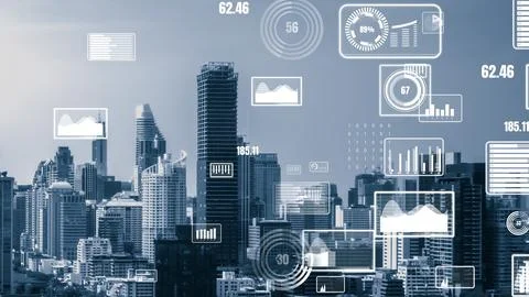 Business data analytic interface fly over smart city showing alteration future Stock Photos
