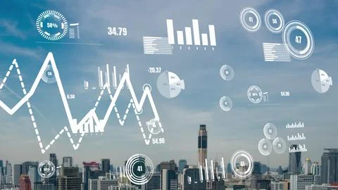 Business data analytic interface fly over smart city showing alteration future Foto stock