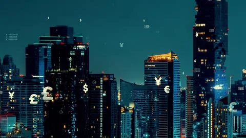 Business data analytic interface fly over smart city showing alteration future Stock Photos