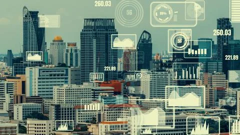 Business data analytic interface fly over smart city showing alteration future Stock Photos