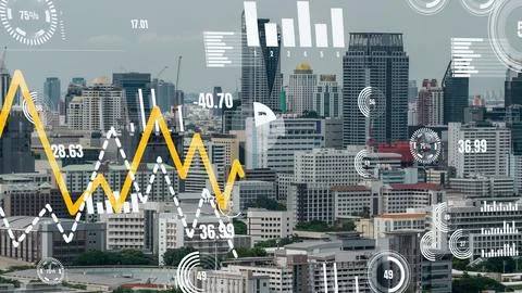 Business data analytic interface fly over smart city showing alteration future Stock Photos