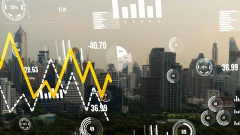 Business data analytic interface fly over smart city showing alteration future Stock Photos