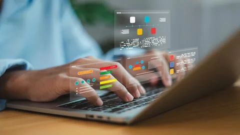 Business data analytics and project management concept, hands typing on lap.. Stock Photos