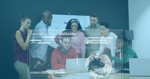 Business data analytics animation over diverse team collaborating in office Stock Footage 304191740