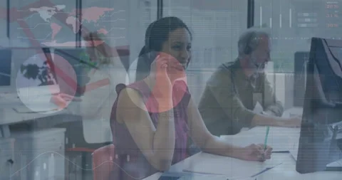 Business data analytics animation over diverse customer service team in office Stock Footage 304256899