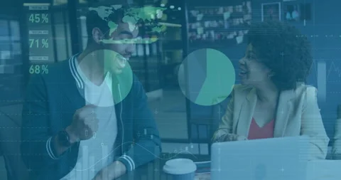 Business data analytics animation over diverse colleagues discussing in office Stock Footage 305133027