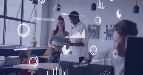 Business data analytics animation over colleagues discussing documents in modern Stock Footage 306343021