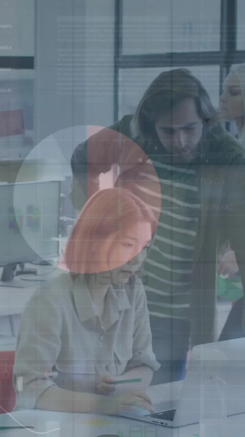 Business data analytics animation over diverse team working in modern office Stock Footage 319055597