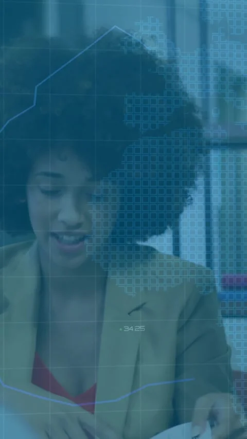 Business data analytics animation over diverse team collaborating in office Stock Footage 320034374