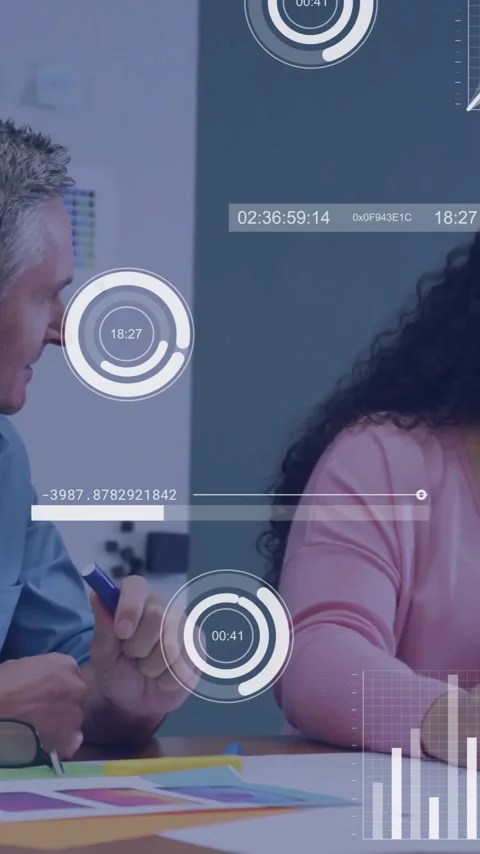 Business data analytics animation over colleagues discussing work at desk Stock Footage 320093405