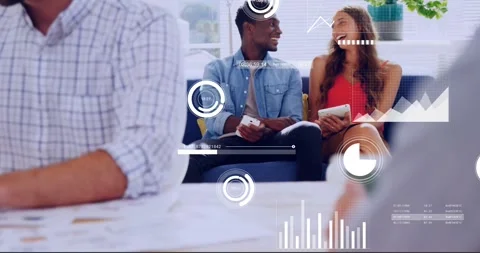 Business data analytics animation over diverse colleagues discussing in office Stock Footage 327361563