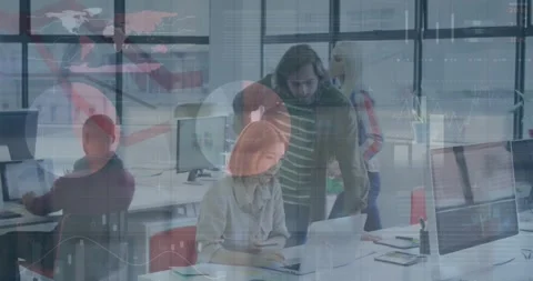 Business data analytics animation over diverse team working in modern office Stock Footage 329292997