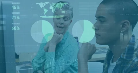 Business data analytics animation over diverse colleagues discussing in office Stock Footage 330587748